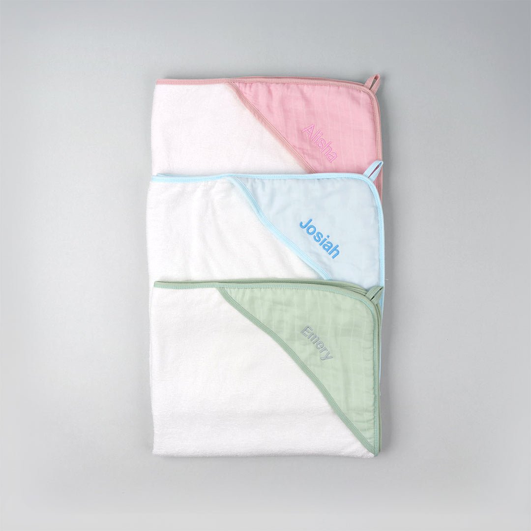 Bamboo muslin hooded towel in pink, blue and green