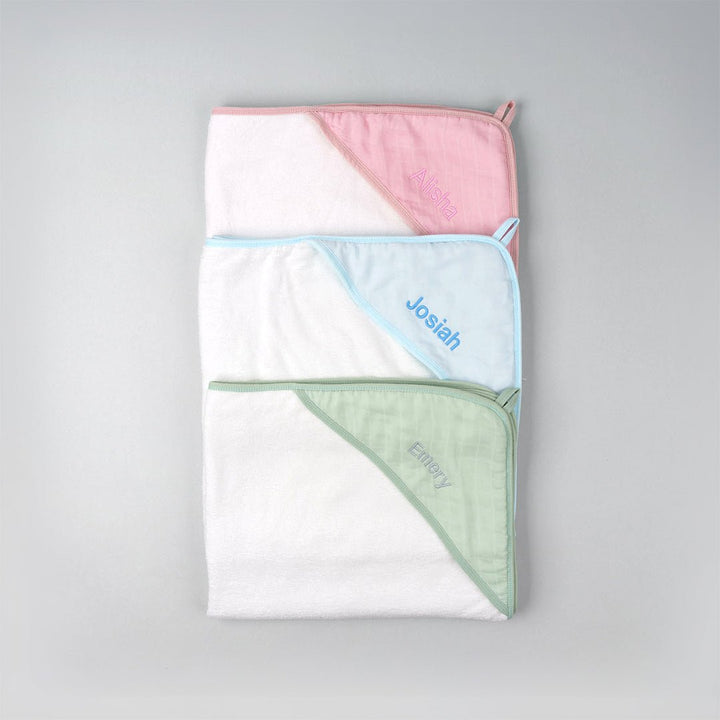 Bamboo muslin hooded towel in pink, blue and green