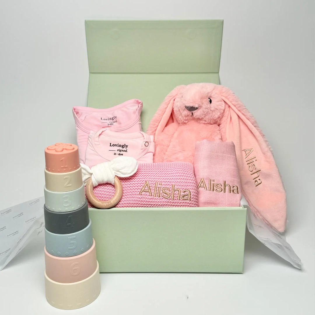 New Beginnings Babg Gift Set in Pink - Essential Clothings, Blanket, Wash Cloth, Bunny Soft Toy, Stacking Toy and Teether
