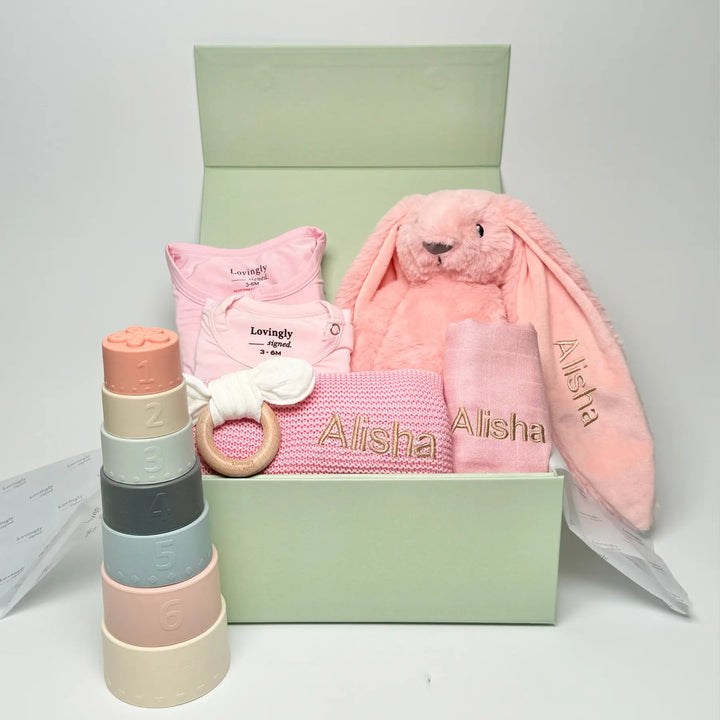 New Beginnings Babg Gift Set in Pink - Essential Clothings, Blanket, Wash Cloth, Bunny Soft Toy, Stacking Toy and Teether