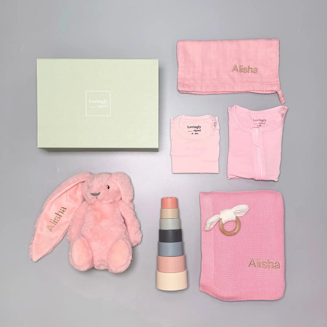 New Beginnings Baby Gift Set in Pink - Essential Clothings, Blanket, Wash Cloth, Bunny Soft Toy, Stacking Toy and Teether