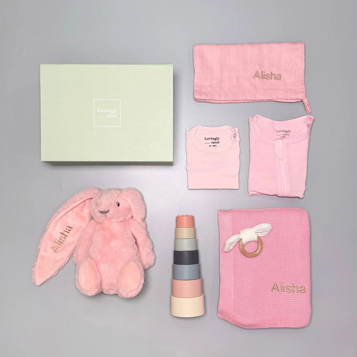 New Beginnings Baby Gift Set in Pink - Essential Clothings, Blanket, Wash Cloth, Bunny Soft Toy, Stacking Toy and Teether