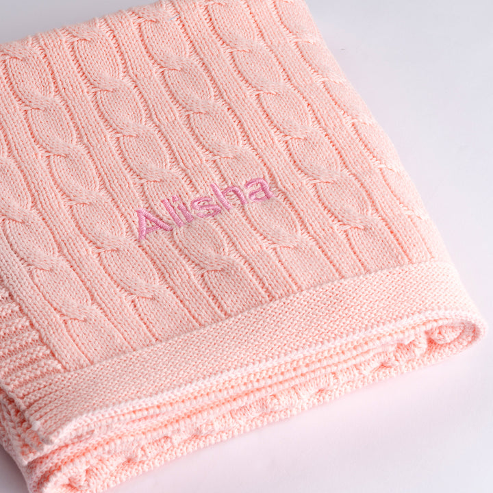 Personalised Luxury Baby Cable Knit Blanket - Pale Pink