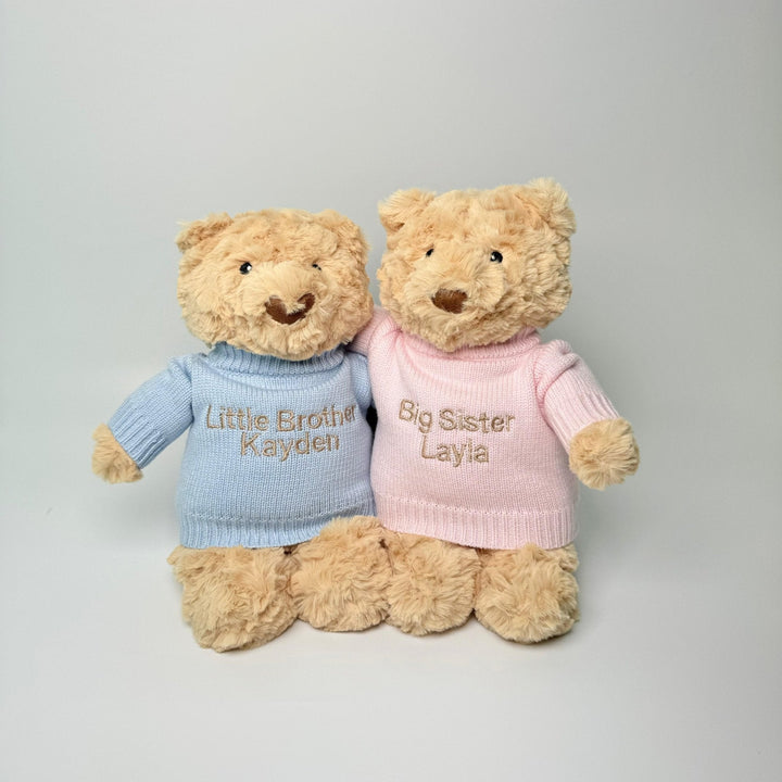 Hugsy Bear Soft Toy with personalised Sibling Shirt