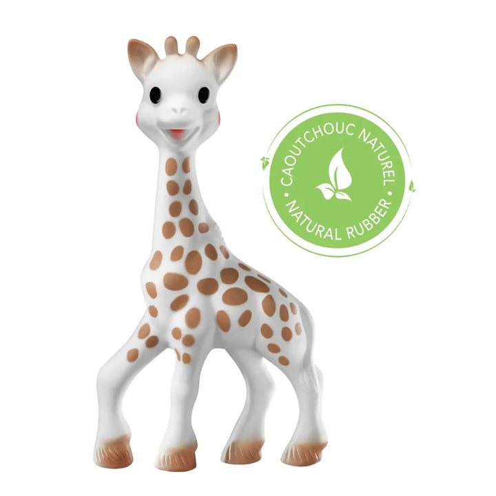 Giraffe-shaped toy with a natural rubber label on a white background
