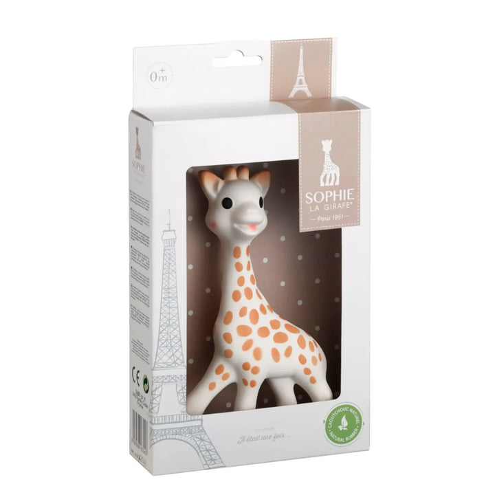 Sophie la Girafe toy in its packaging with Eiffel Tower design