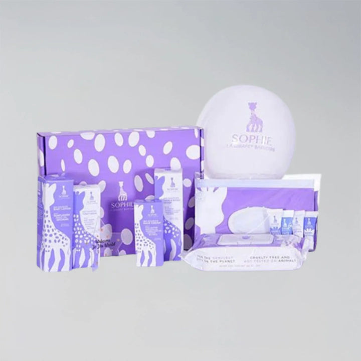 Sophie la Girafe babycare essential gift set with lotion, cream, wipes, body and hair wash.