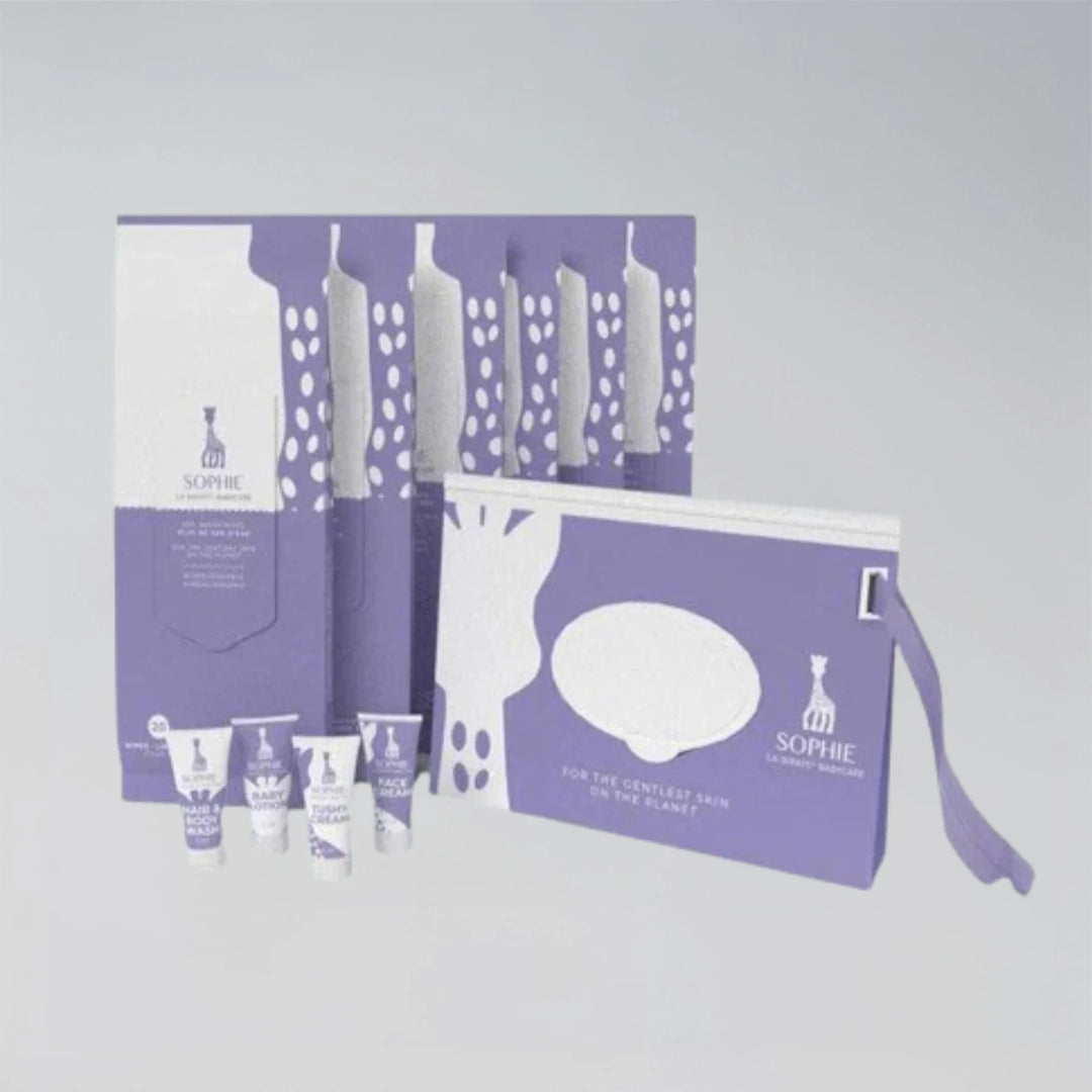 Sophie la girafe Babycare skincare product set with packaging on a light gray background