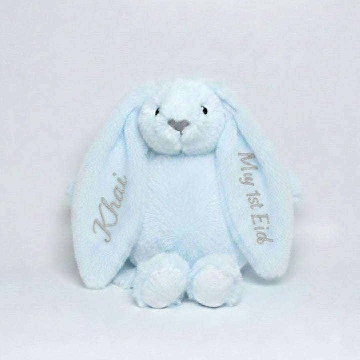 Baby-friendly soft plush bunny for first Eid keepsake with custom details.