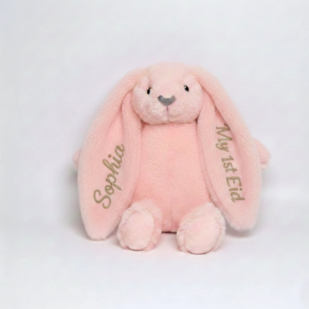Soft cuddly bunny plush for baby’s first Eid with custom embroidery.