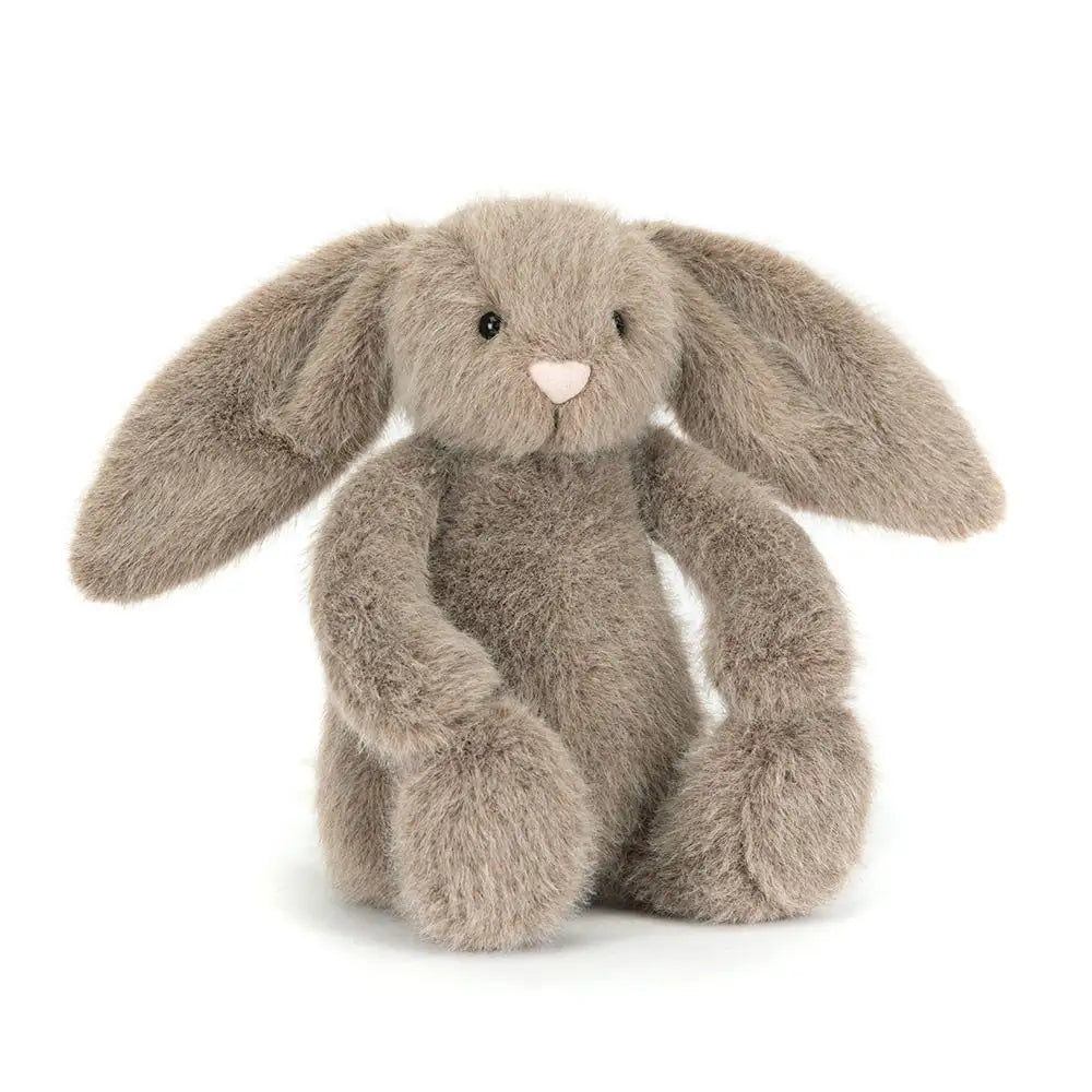 Jellycat Fawn Flufflet Bunny plush toy in soft taupe brown with long floppy ears, black eyes, a pale pink nose and relaxed sitting pose.