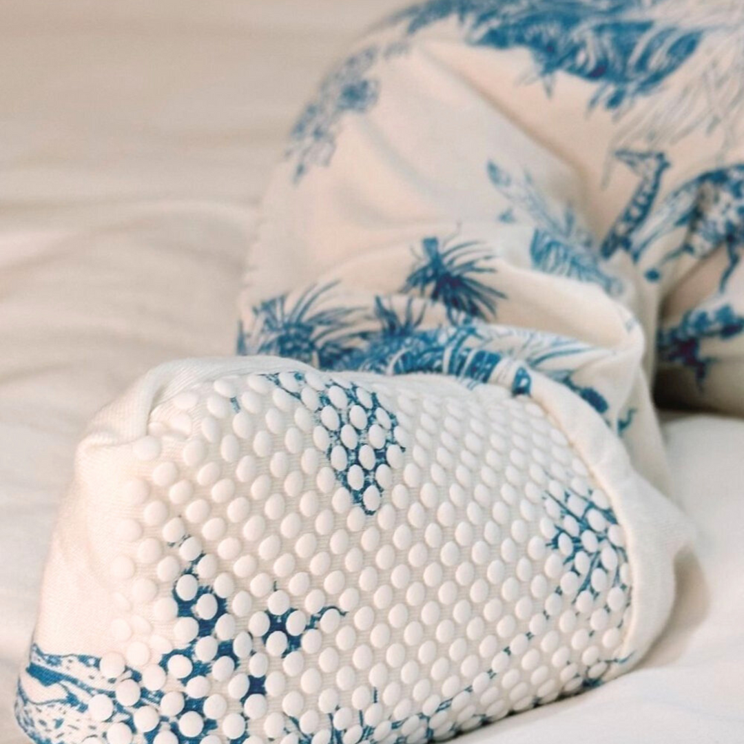 Close up of Footie of Little Noah Blue Bamboo Safari Sleepsuit