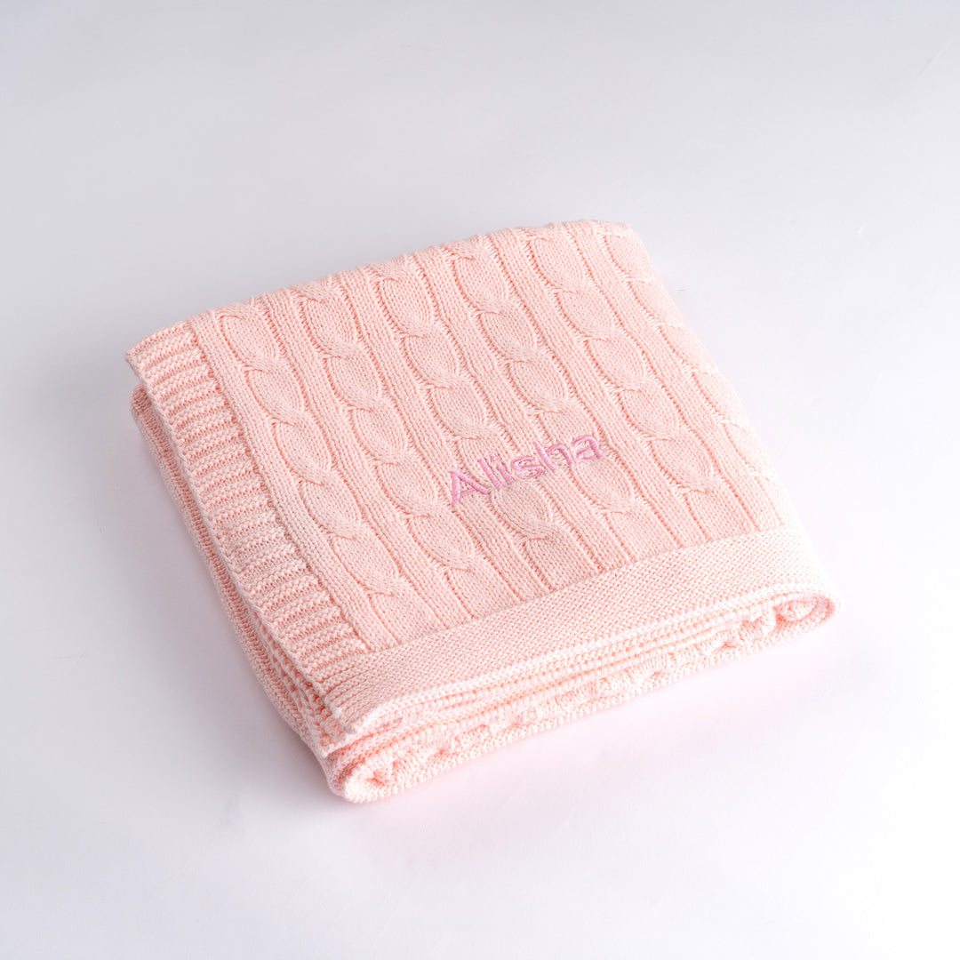 Personalised Luxury Baby Cable Knit Blanket - Pale Pink - LOVINGLY SIGNED