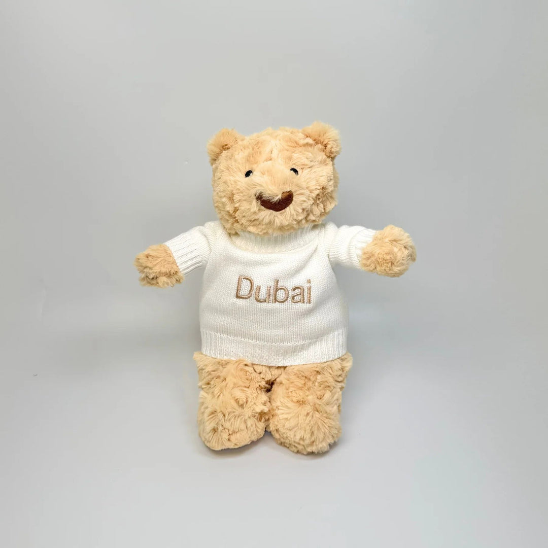 Soft knit personalized jumper accessory for medium plush toys - Dubai design.