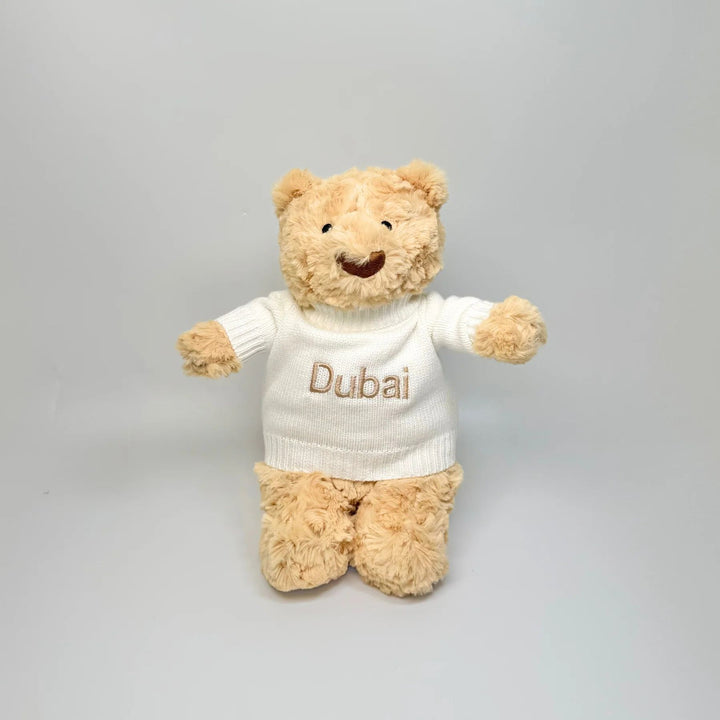 Soft knit personalized jumper accessory for medium plush toys - Dubai design.