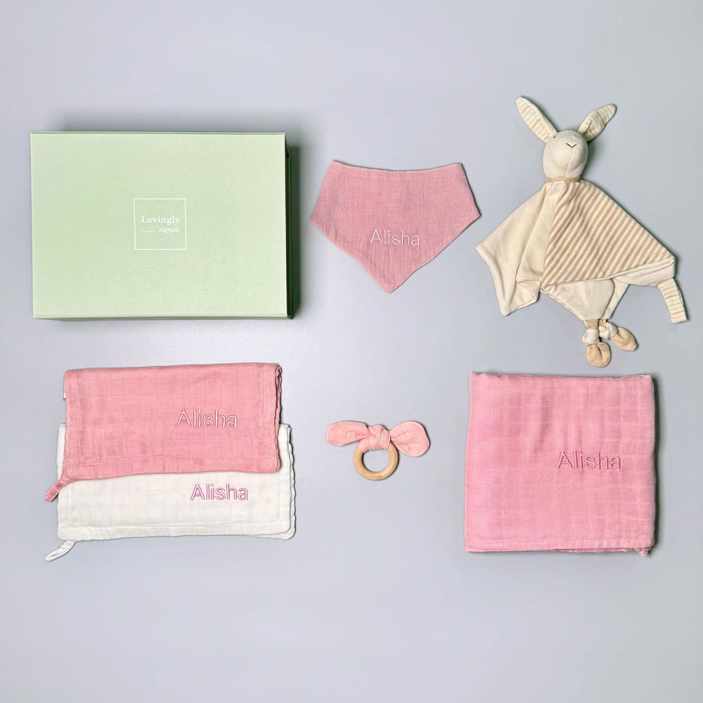 Luxury Honey Bunny Gift Set for newborns – soft bunny comforter, baby essentials, and personalized gifts in a premium hamper