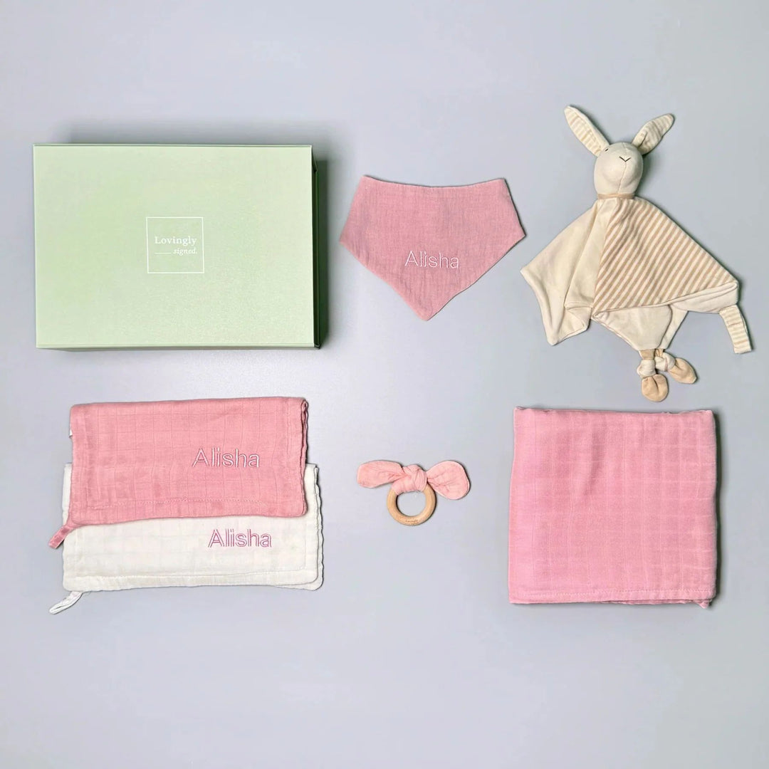 Luxury Honey Bunny Gift Set for newborns – soft bunny comforter, baby essentials, and personalized gifts in a premium hamper