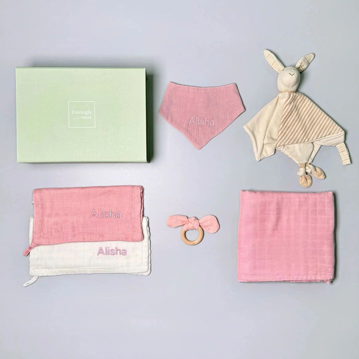 Luxury Honey Bunny Gift Set for newborns – soft bunny comforter, baby essentials, and personalized gifts in a premium hamper