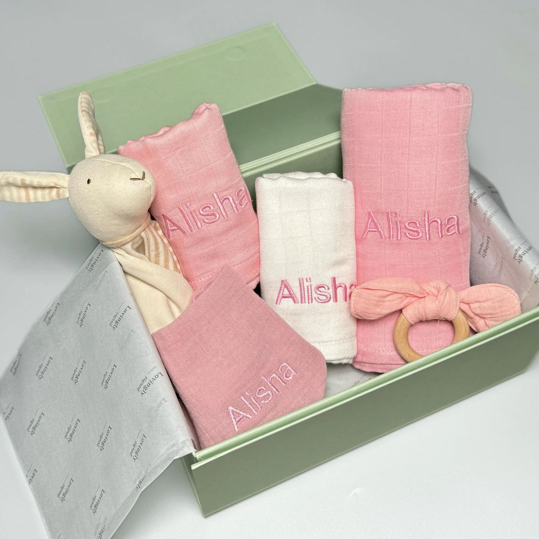 Honey Bunny Gift Set – personalized baby hamper with plush bunny comforter, essentials and keepsake items for newborns