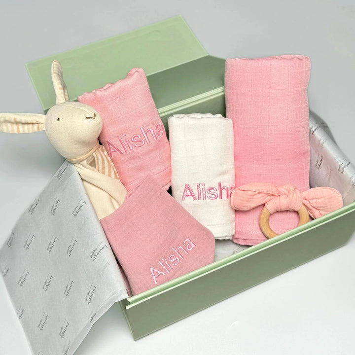 Honey Bunny Gift Set – personalized baby hamper with plush bunny comforter, essentials and keepsake items for newborns