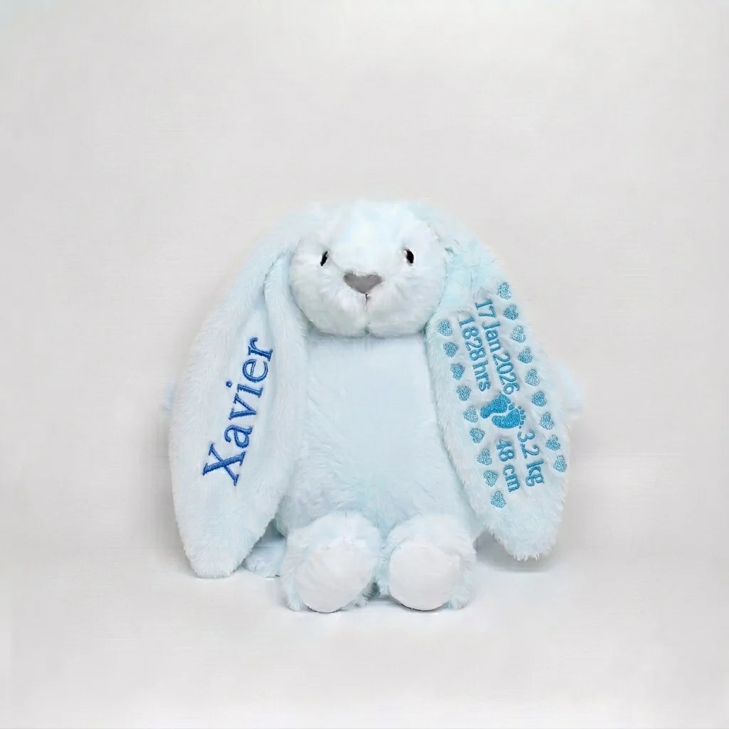 Blue plush bunny with 'Xavier' on one ear and another with birth details