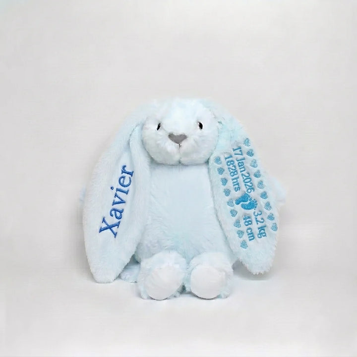 Blue plush bunny with 'Xavier' on one ear and another with birth details