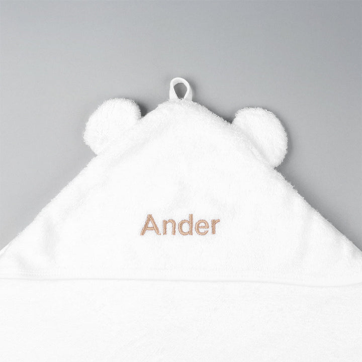 Personalised Bamboo Hooded Towel with Ears with "Ander" in Beige thread