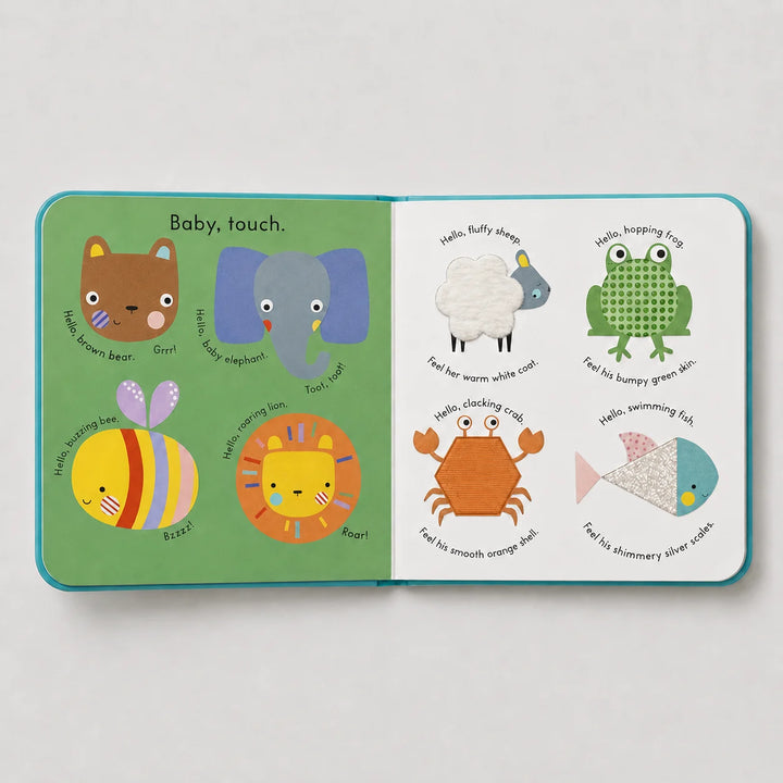 Baby Touch Playbook Open to Colourful Animal and Sensory Texture Pages