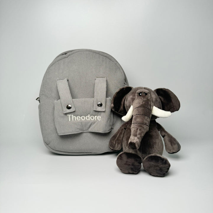 children backpack with elephant soft toy and "Theodore" personalised in cream thread