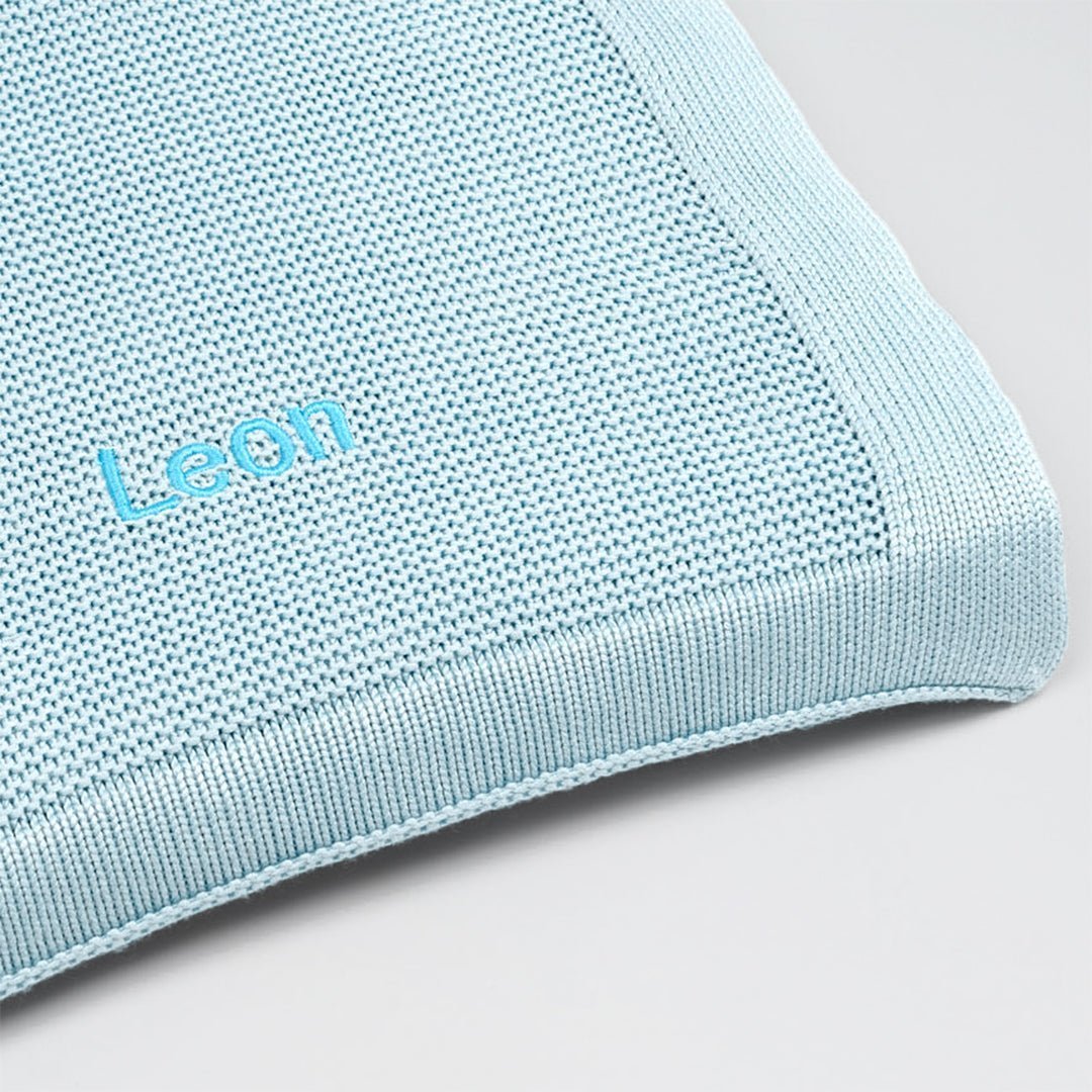 Blue Bamboo Cellular Blanket with "Leon" customised in Blue thread