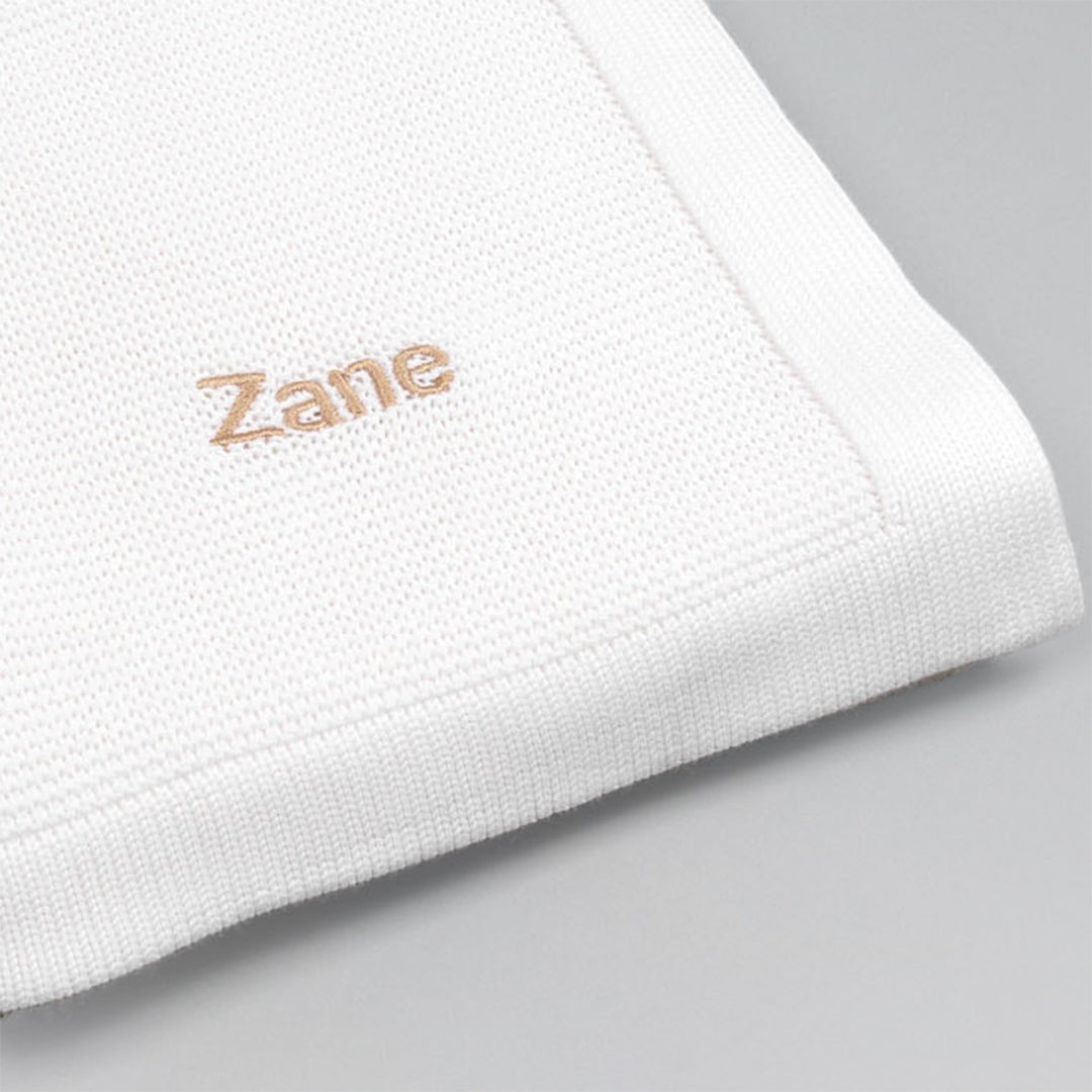 White Bamboo Cellular Blanket with "Zane" customised in Beige thread