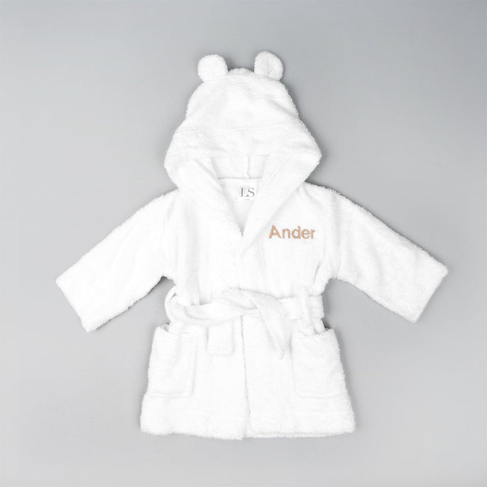 Bamboo White Robe personalised with "Ander" in Beige Thread