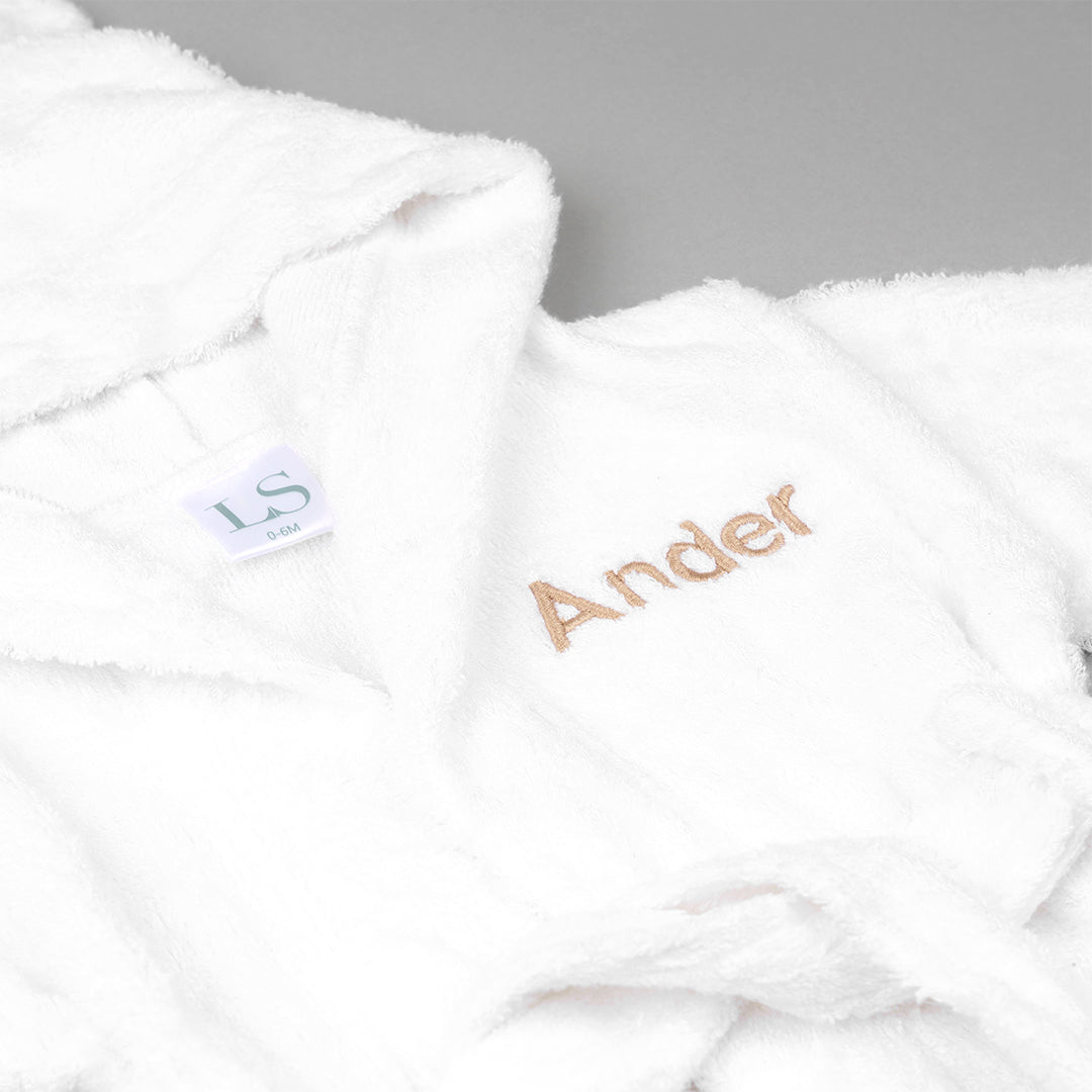 Close up of Bamboo Robe with "Ander" personalised in Beige thread