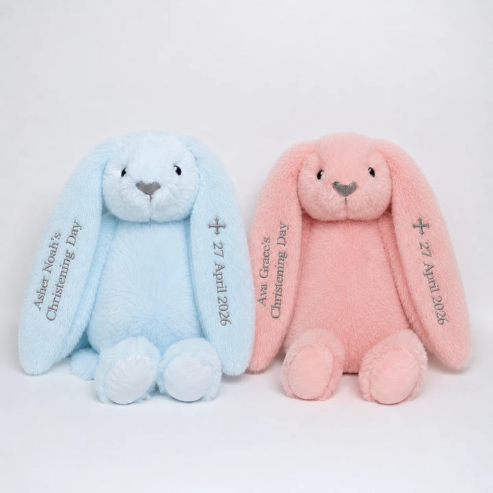 Two plush bunny toys, one blue and one pink, with personalised text on a light gray background.