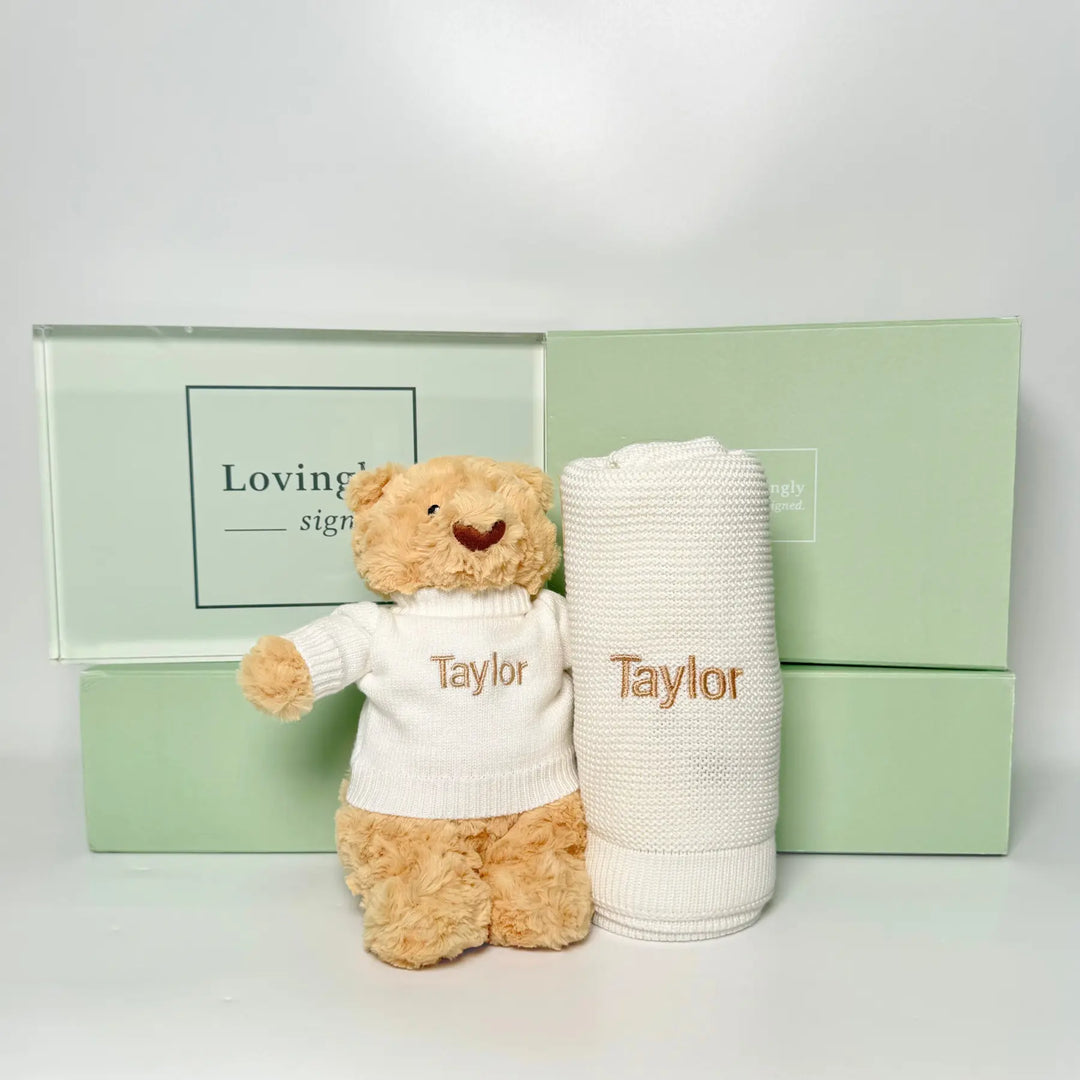 Teddy bear and bamboo cellular blanket with 'Taylor' embroidered