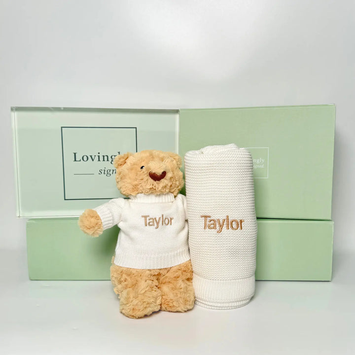 Teddy bear and bamboo cellular blanket with 'Taylor' embroidered