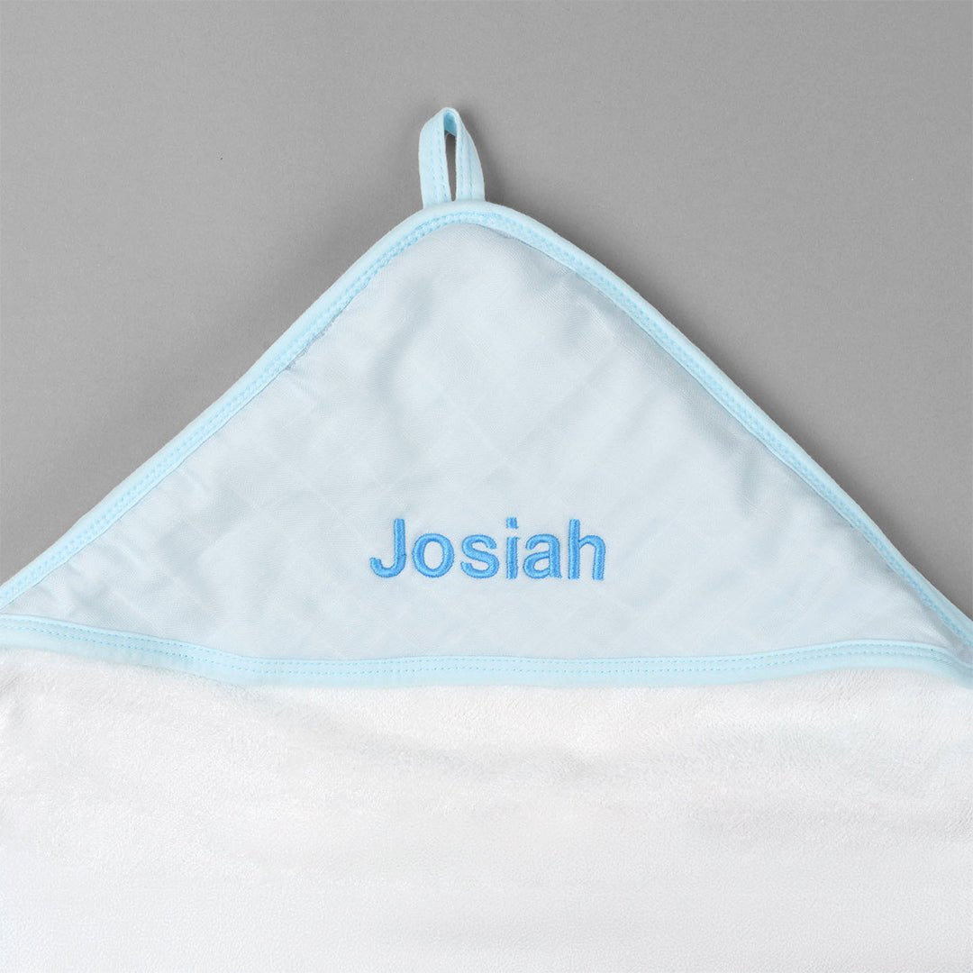 Blue Bamboo Hooded Towel with "Josiah" customised in Blue Thread