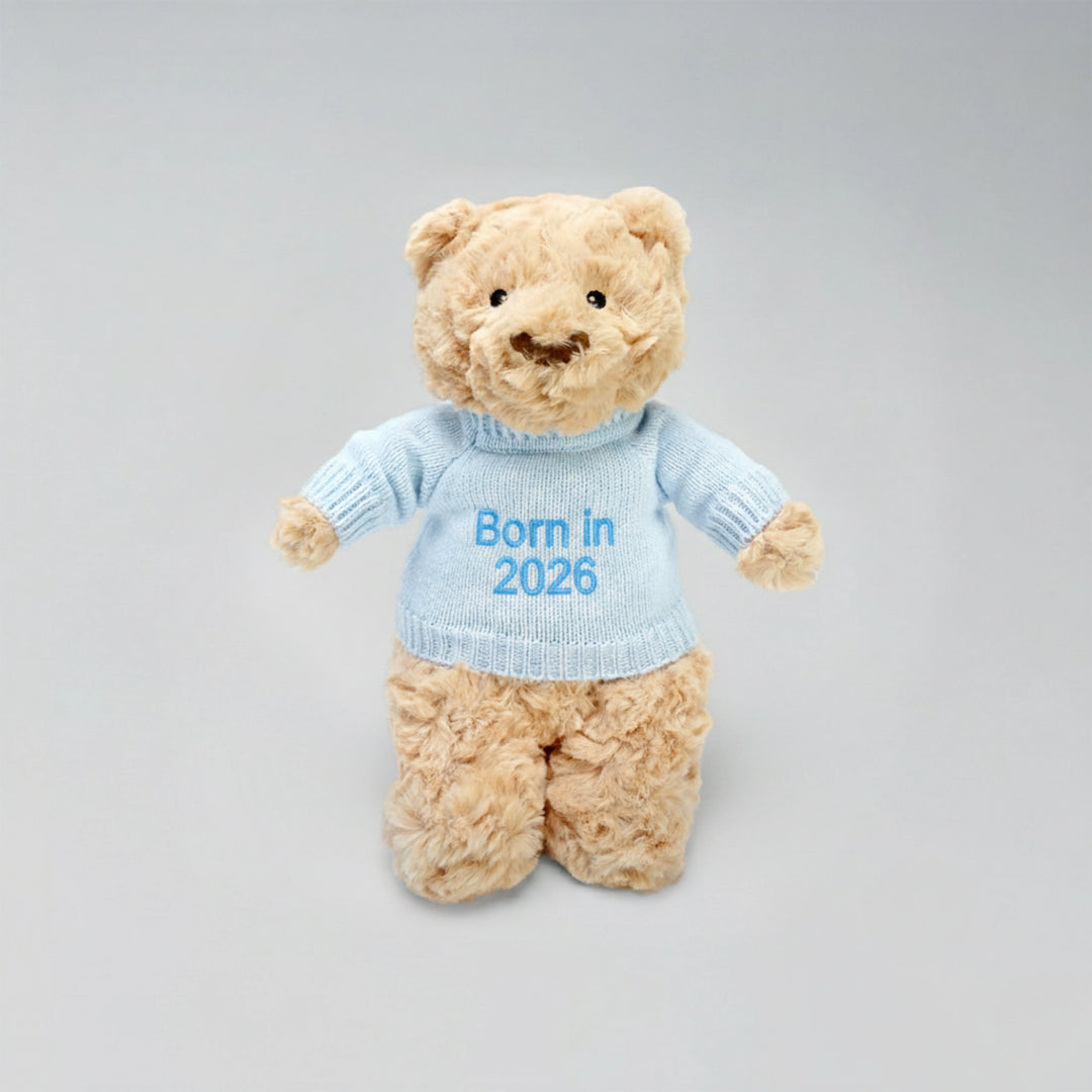 Soft Toys For Newborns: Custom "Born in 2026" Teddy Bear | Personalised Hugsy Bear with Jumper
