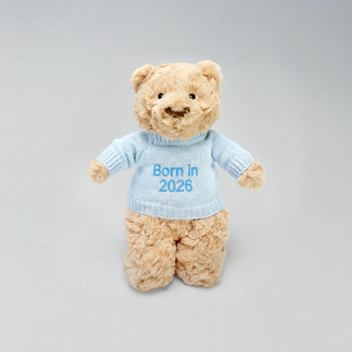 Beige teddy bear wearing a blue sweater with 'Born in 2026' text on a gray background