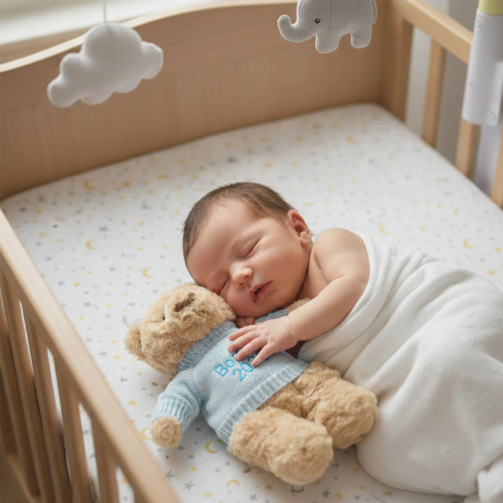 Newborn baby sleeping in a crib with a teddy bear and cloud mobile above