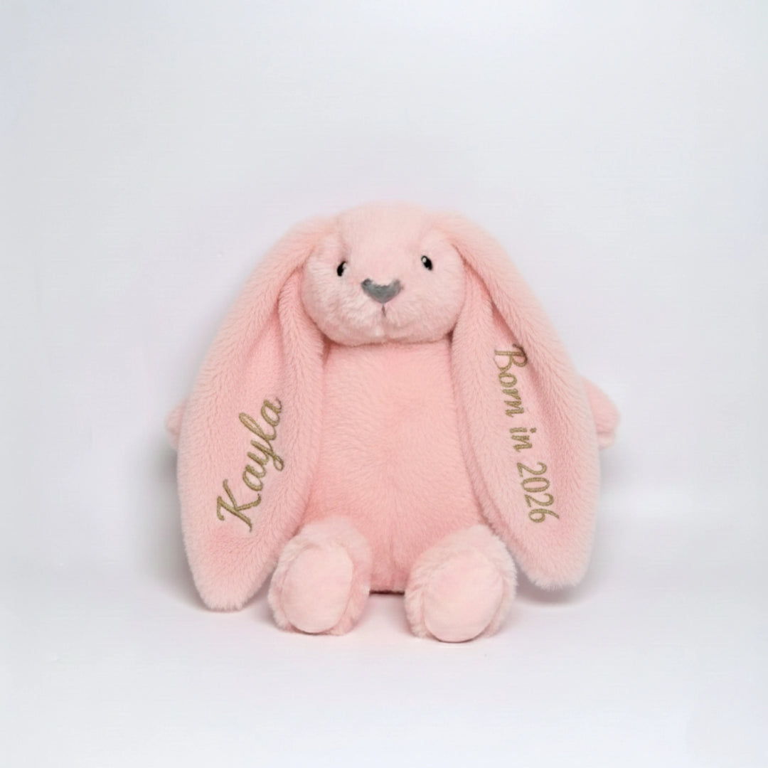 Personalised Twinkle Bunny soft toy with “Born in 2026” and custom name embroidery
