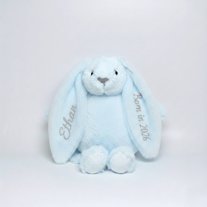 Personalised Twinkle Bunny baby shower gift with “Born in 2026” and custom ear embroidery