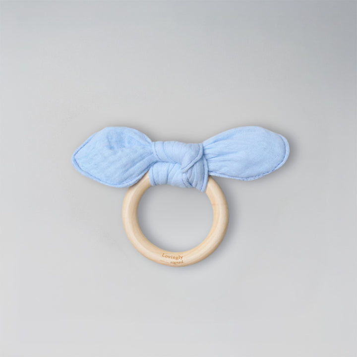 Bunny Ear Teether Blue with fabric and wooden ring