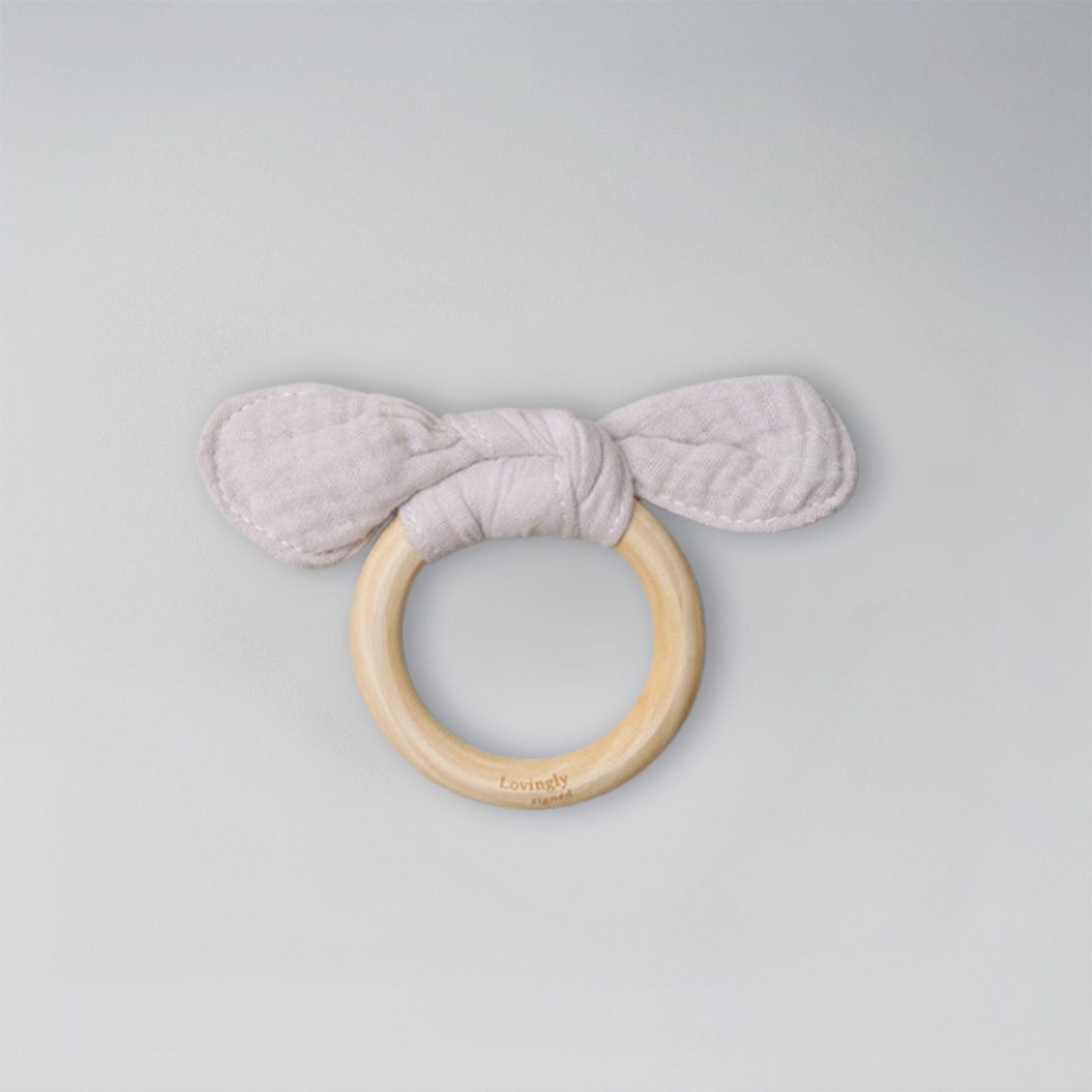 Bunny Ear Teether Grey with fabric and wooden ring