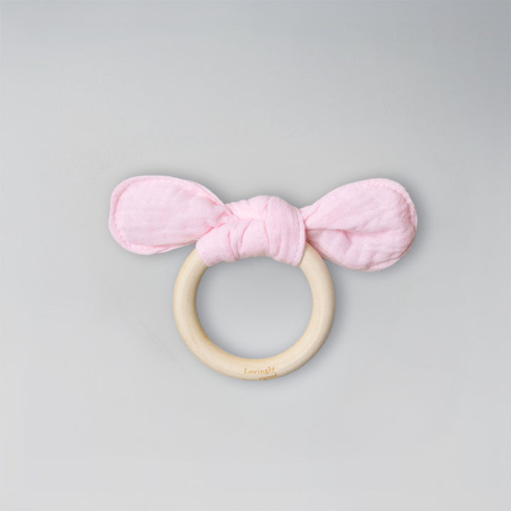 Bunny Ear Teether Pink with Fabric and wooden ring