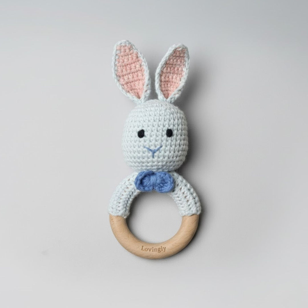 Bunny Rattle Teether with Crochet Bunny, rattle and wooden ring