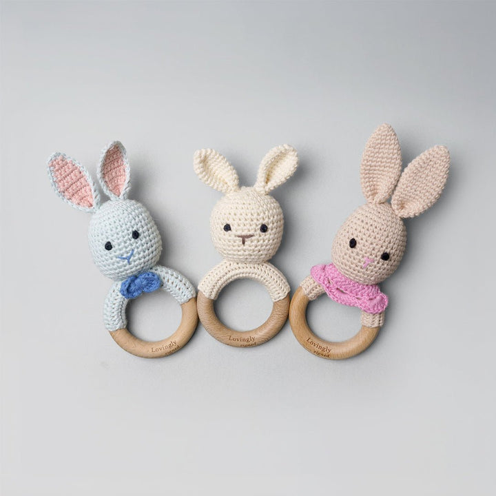 Crochet Bunny Rattling Teether in Cream, Blue and Pink