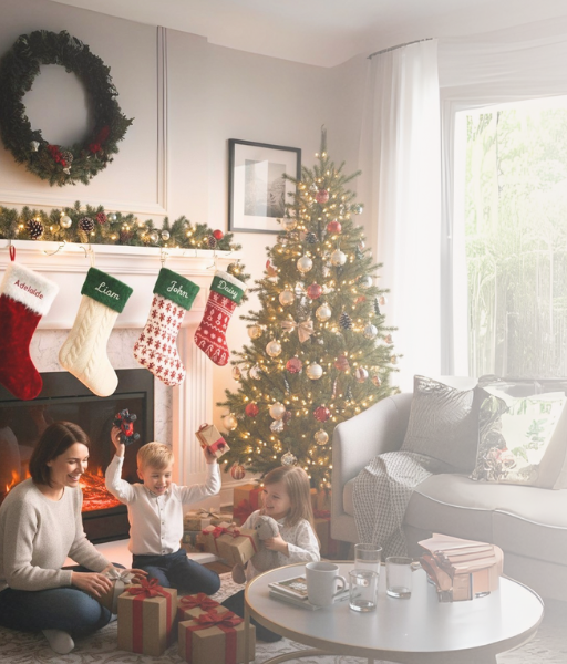 Cozy family on with personalized stocking by the fireplace 
