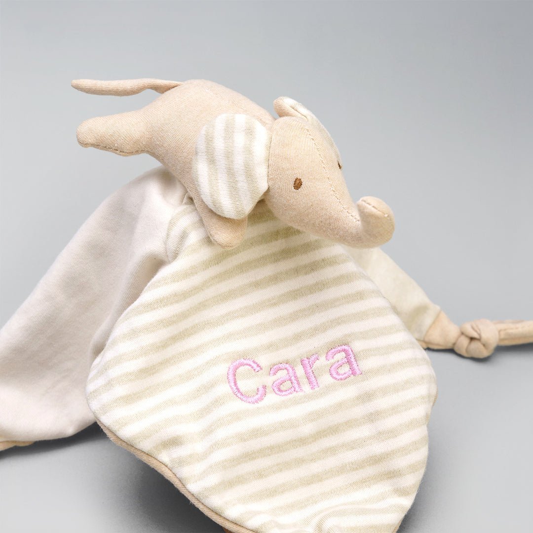 Elephant Comforter embroidered with "Cara" in Pink thread 