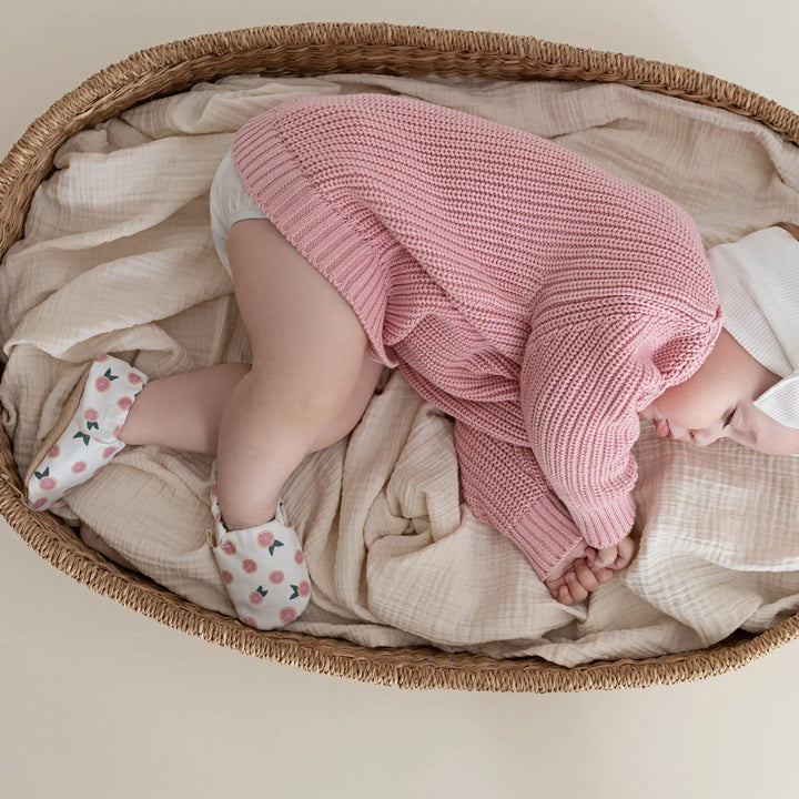 Baby wearing Cosy Roots Vegan Shoes - Little Grapefruits